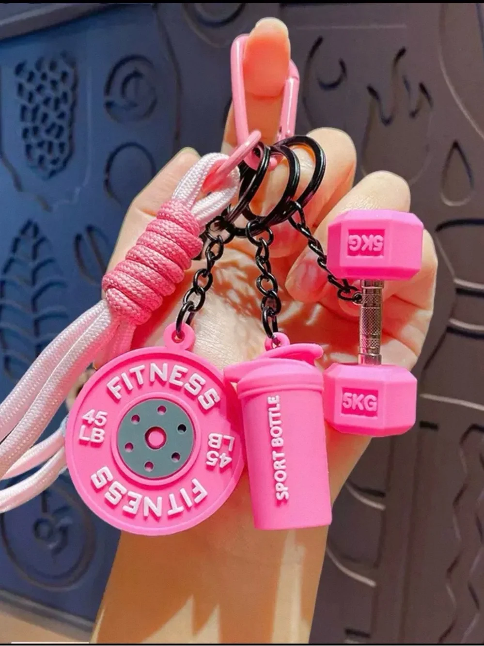 Pink Fitness Keychain Dumbbell Weight Plate Shaker Bottle Gym Bag Charm Gift